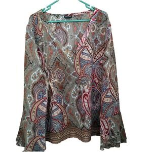 Alloy Paisley Sheer Top 3X Bell Sleeve Boho Festival Romantic Office Work Career